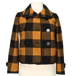 Ann Taylor Loft Pea Coat Buffalo Check Plaid Crop Wool Blend Women XXS Mustard